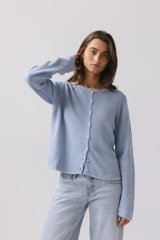 Azuline Knit Cardigan in Powder Blue sold by bohme