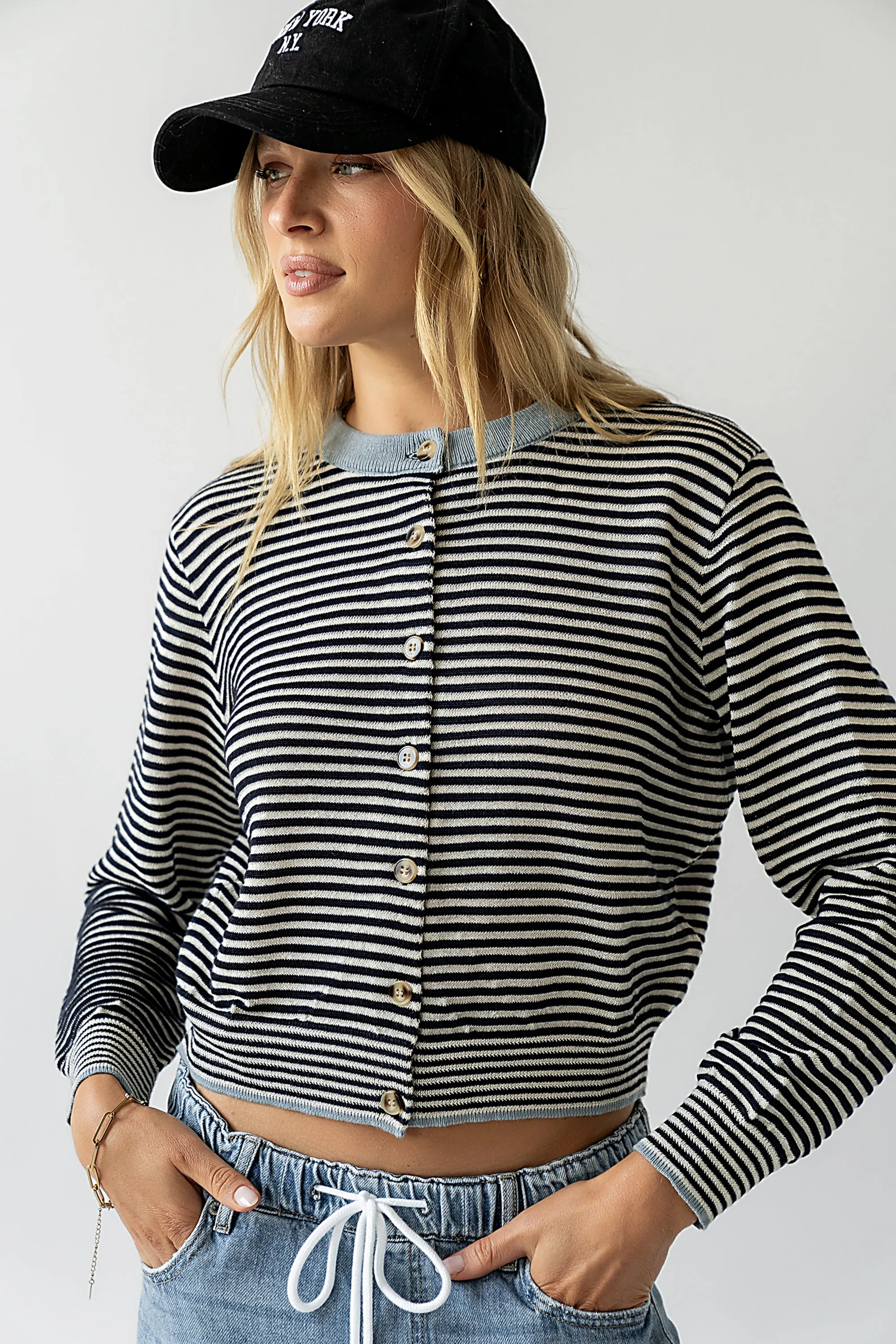 Josy Button Front Cardigan in Dusty Blue sold by bohme