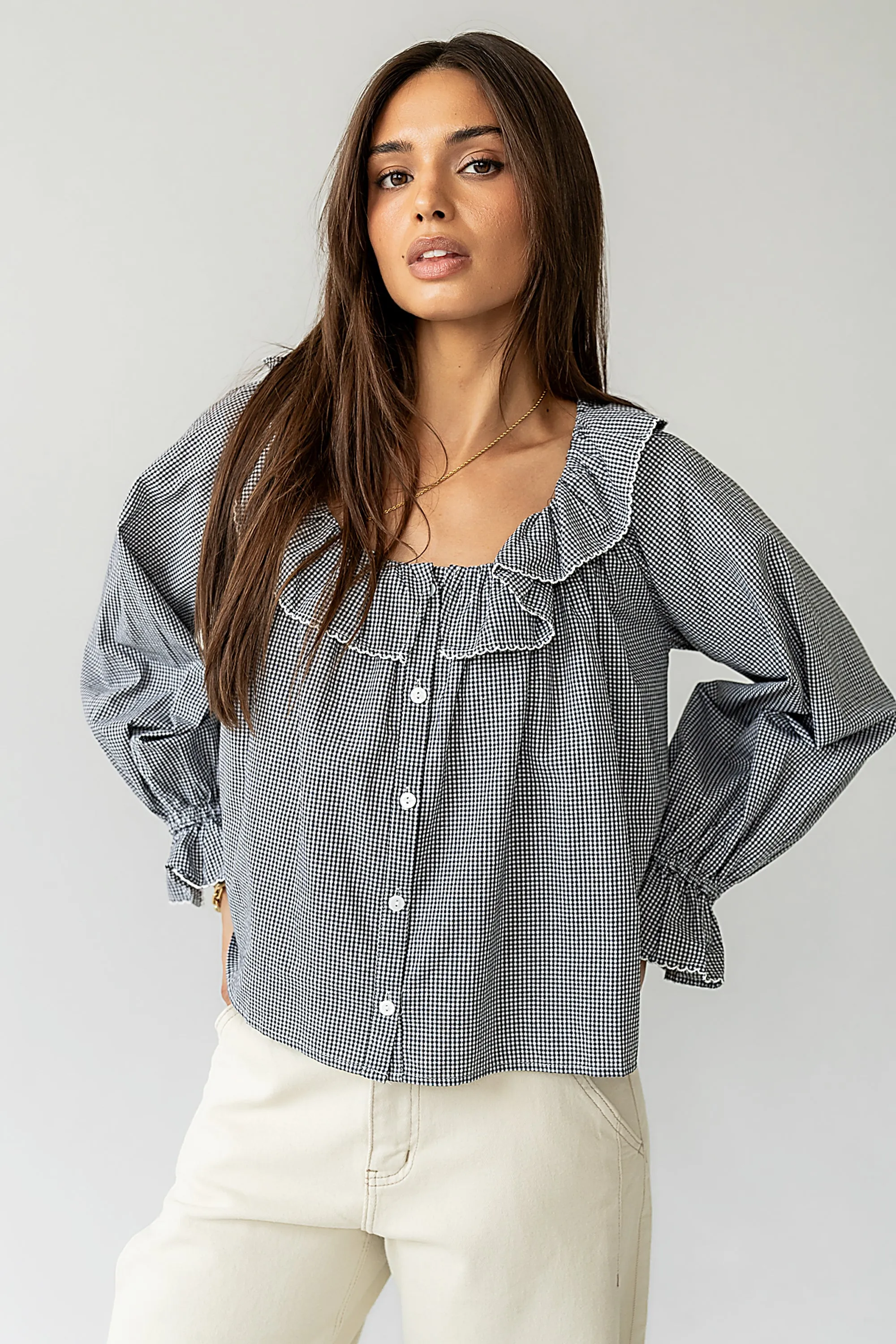 Ayla Gingham Blouse in Black sold by bohme