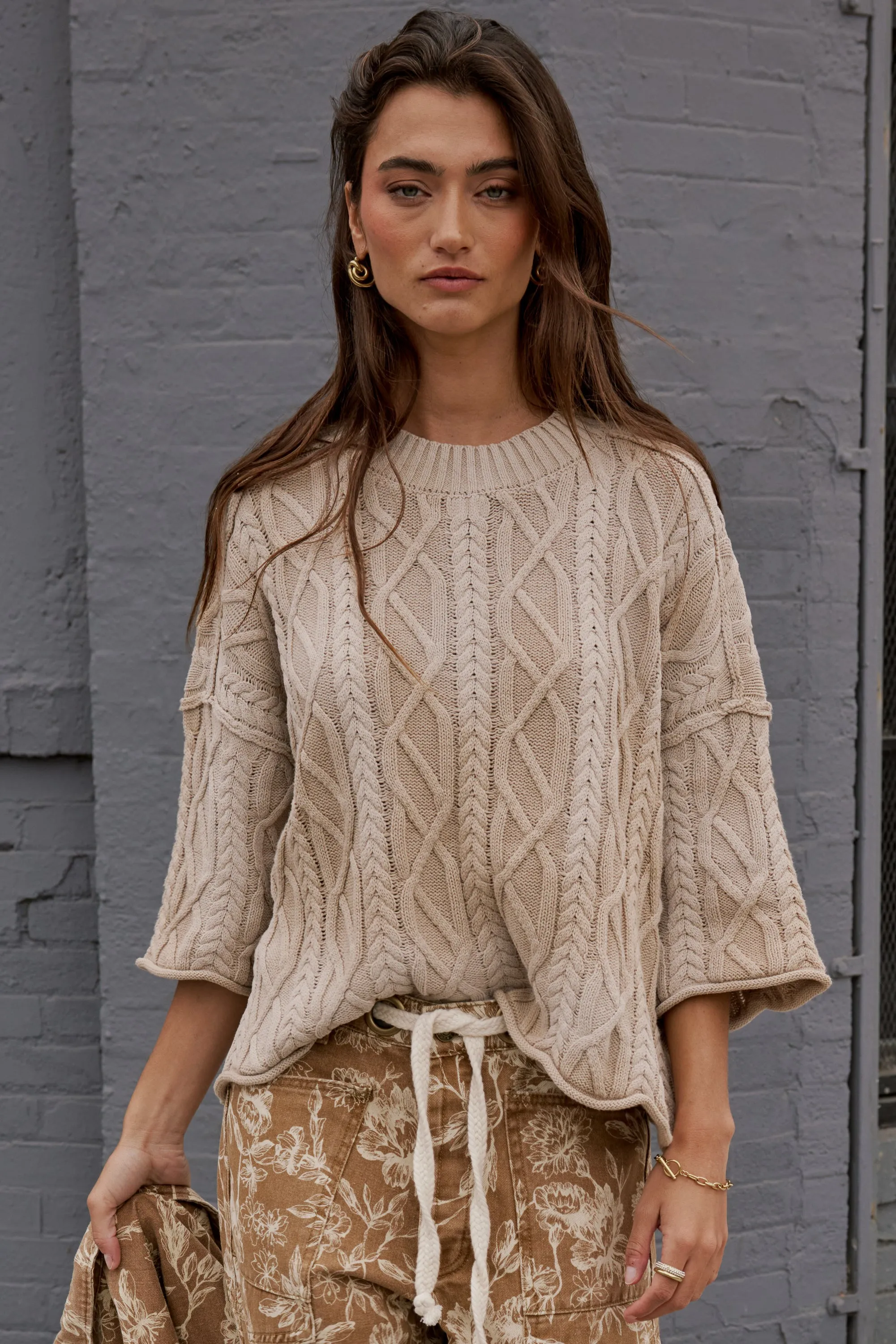 Raegan Cable Knit Sweater in Tan sold by bohme