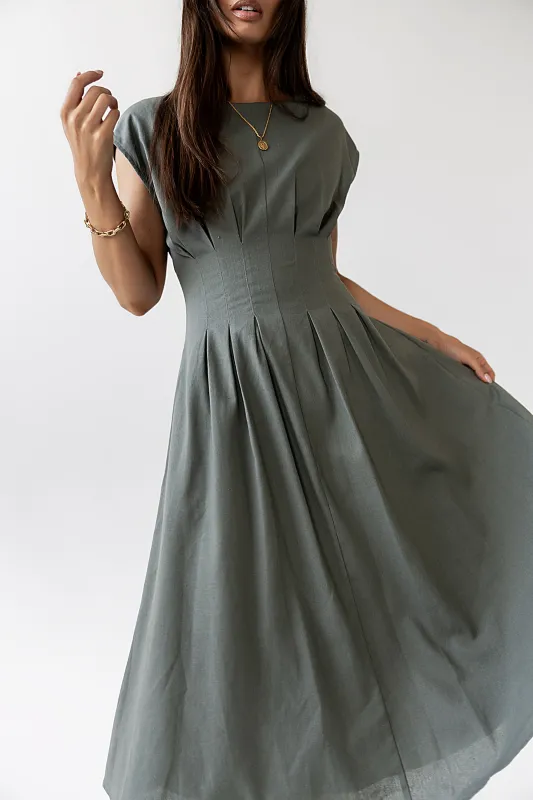 Matilda Pleated Maxi Dress in Olive sold by bohme
