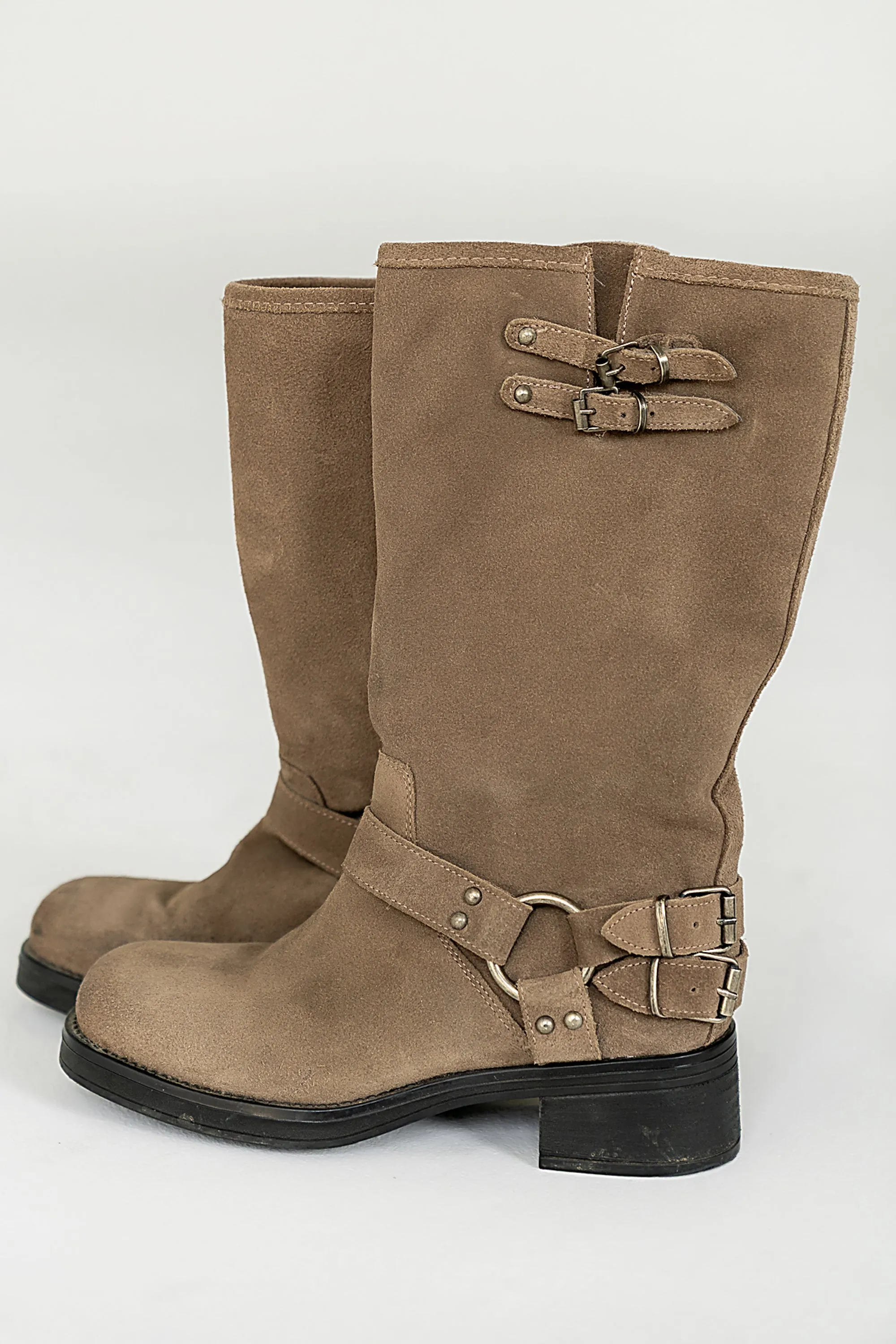 Steve Madden Astor Moto Boot in Taupe Suede sold by bohme
