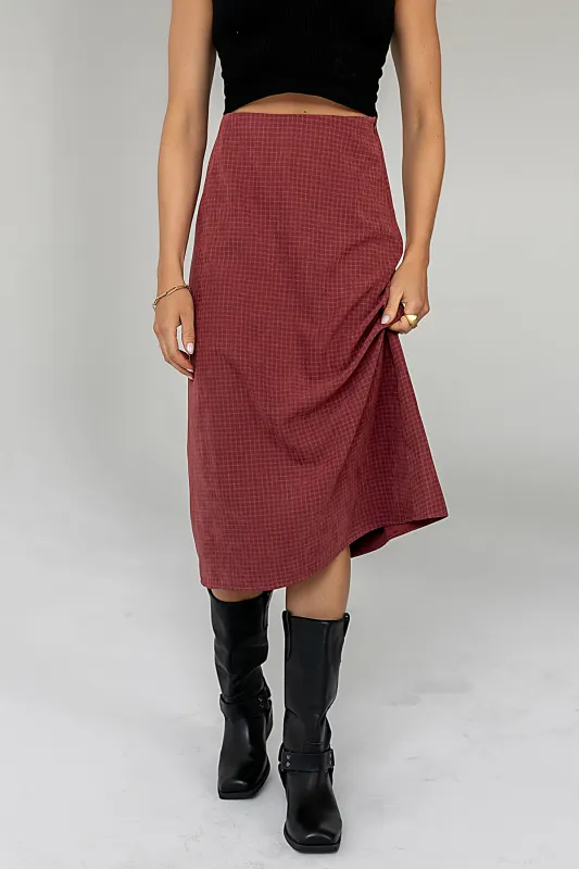 Miley Midi Skirt in Maroon sold by bohme