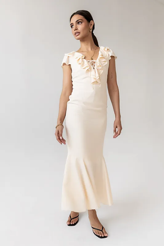 Reese Ruffle Maxi Dress in Ivory sold by bohme