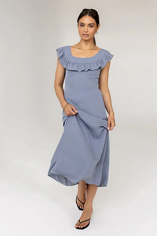 Lydia Ruffle Maxi Dress in Blue sold by bohme