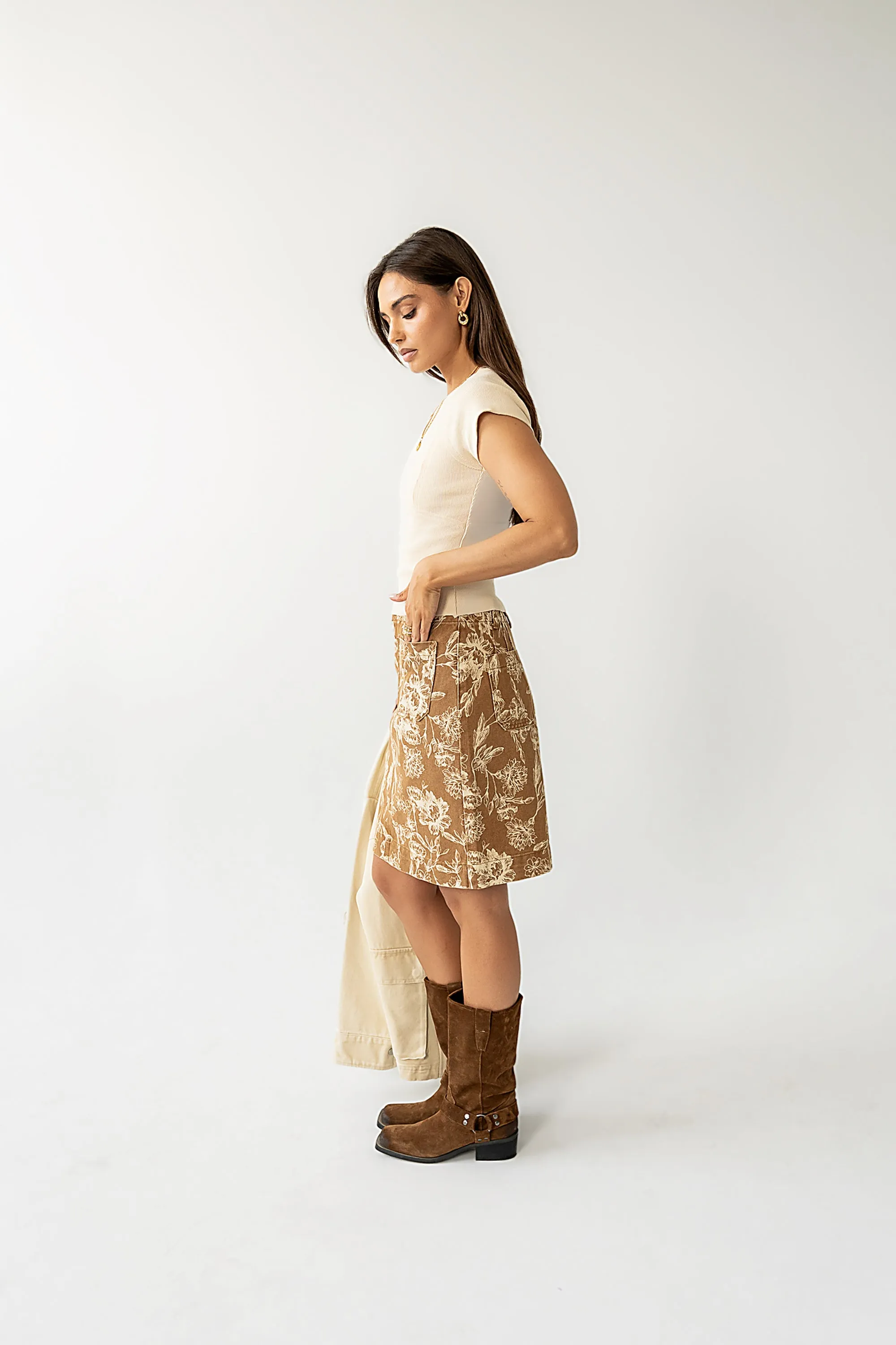 Juno Floral Mini Skirt in Camel sold by bohme product image thumbnail 4