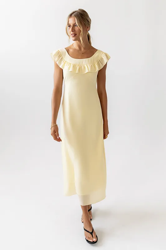 Lydia Ruffle Maxi Dress in Yellow sold by bohme