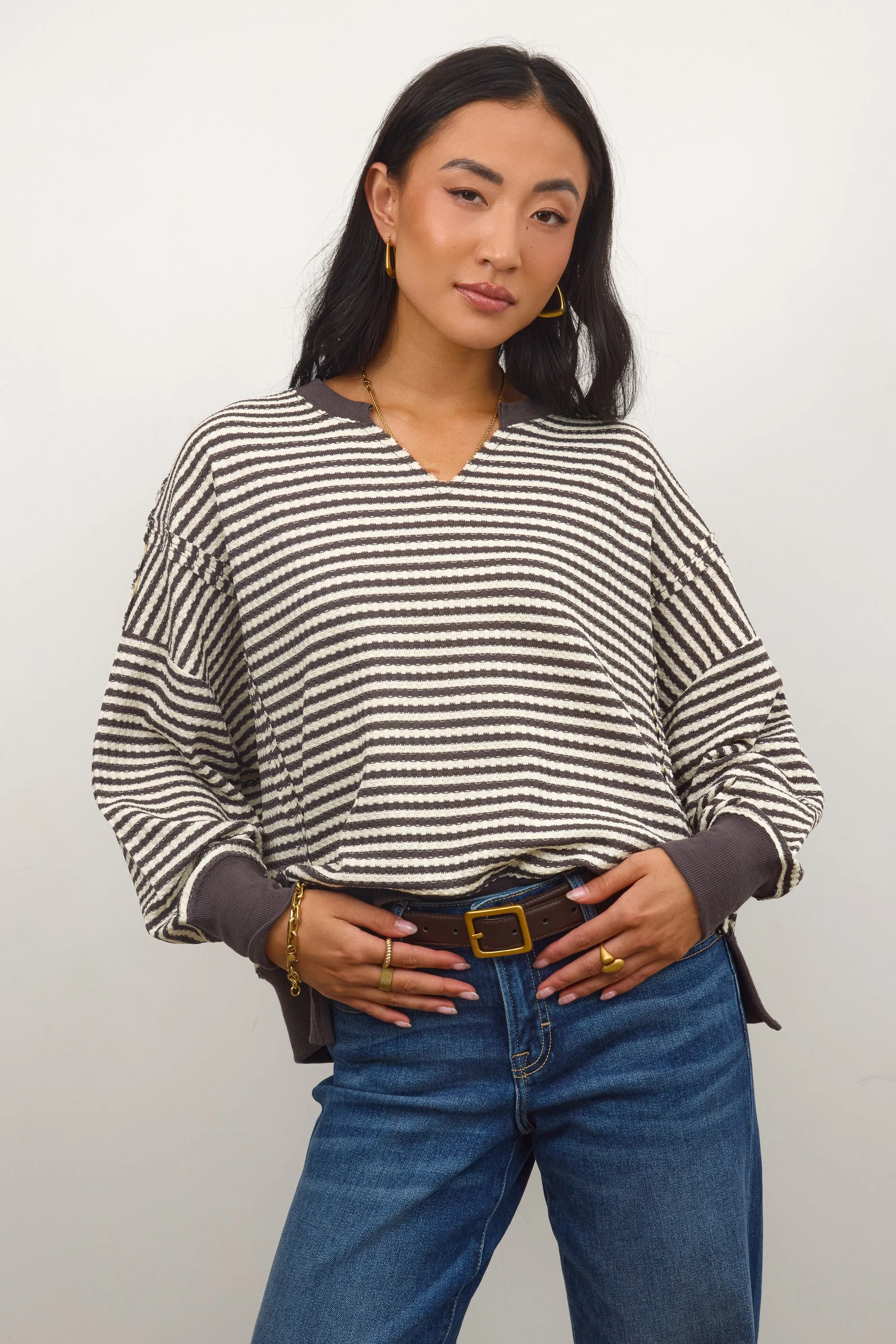 Wells Striped Top in Charcoal sold by bohme