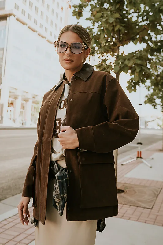 Carly Vegan Leather Jacket in Brown sold by bohme