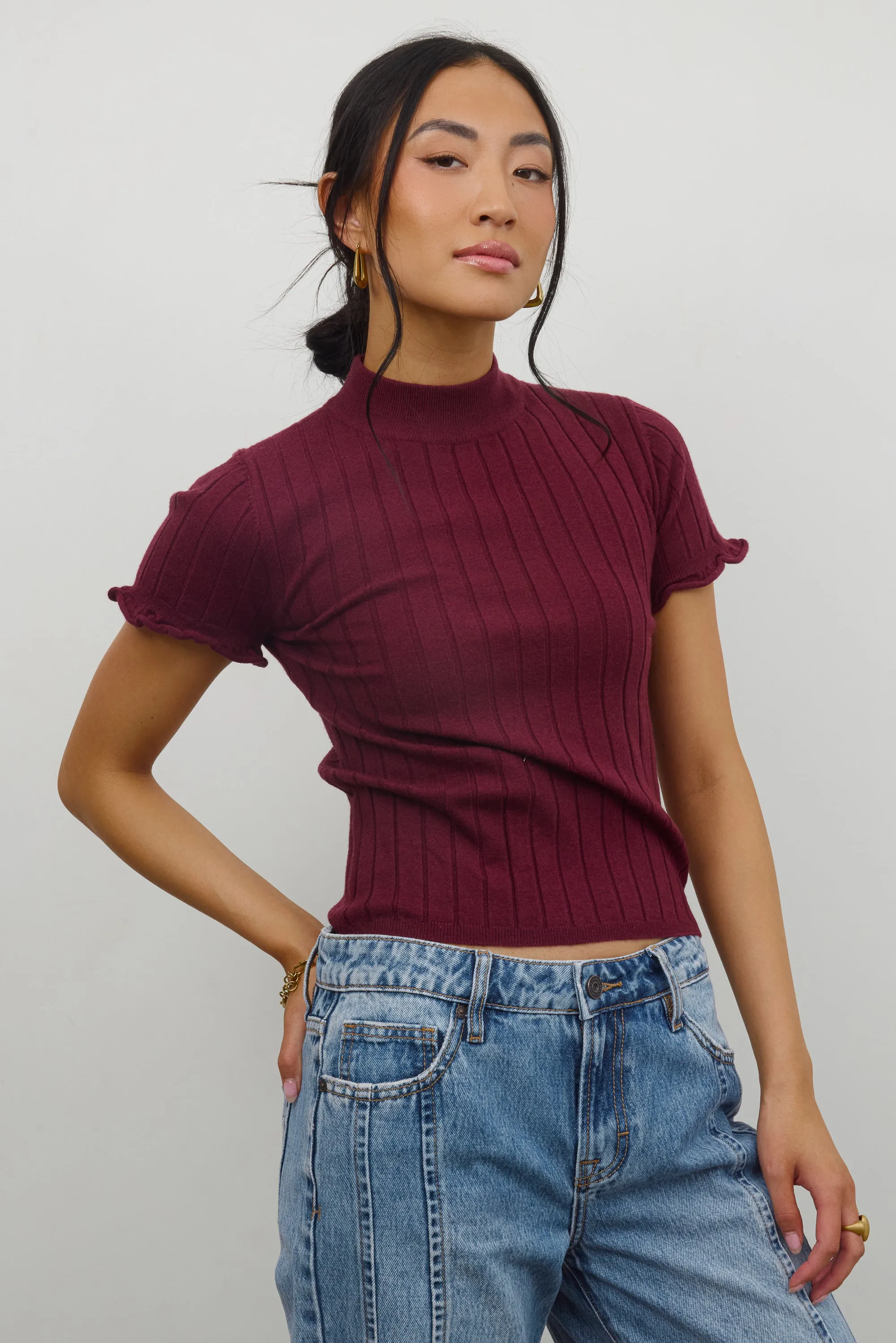 Amara Ribbed Top in Burgundy sold by bohme