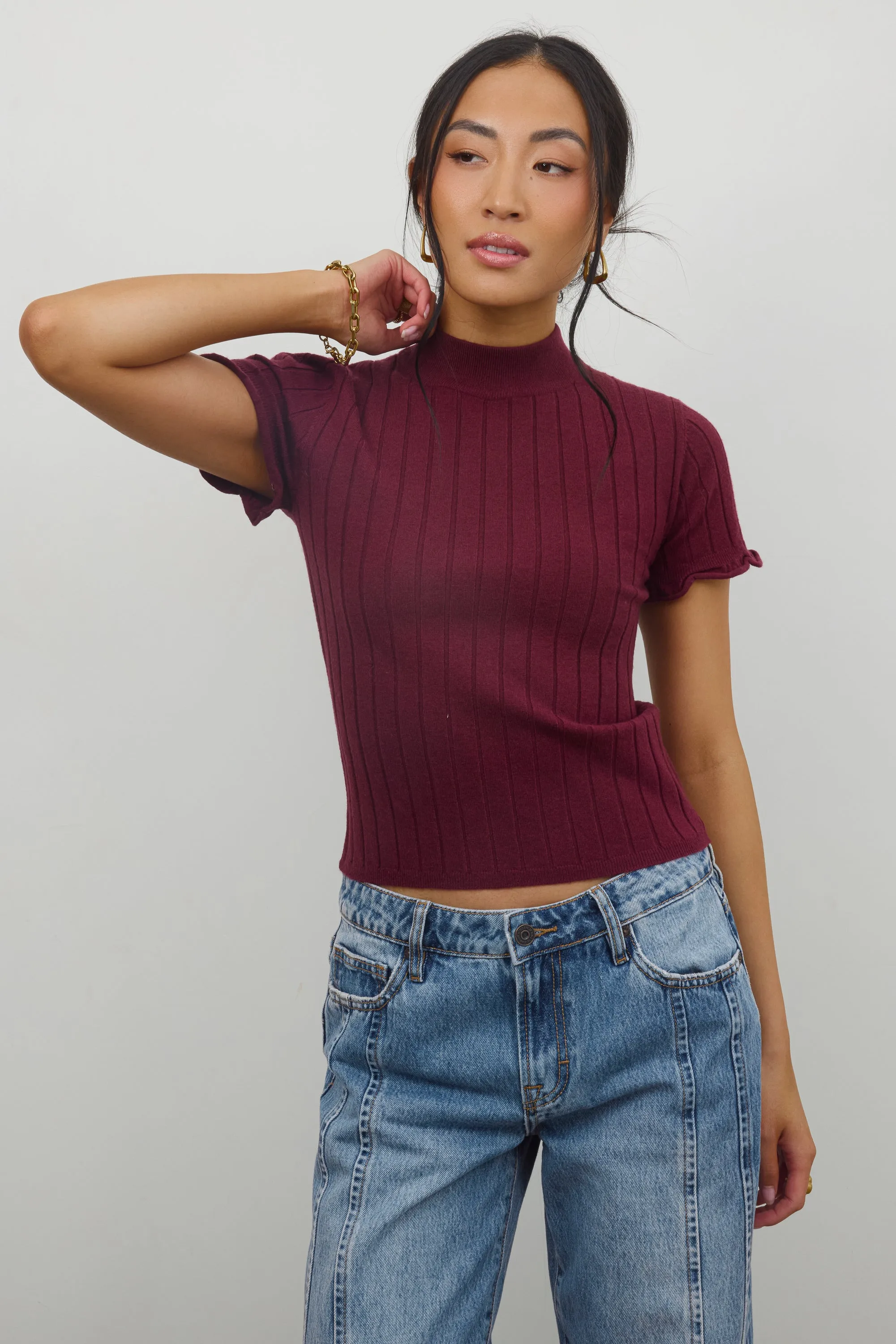 Amara Ribbed Top in Burgundy sold by bohme product image thumbnail 3