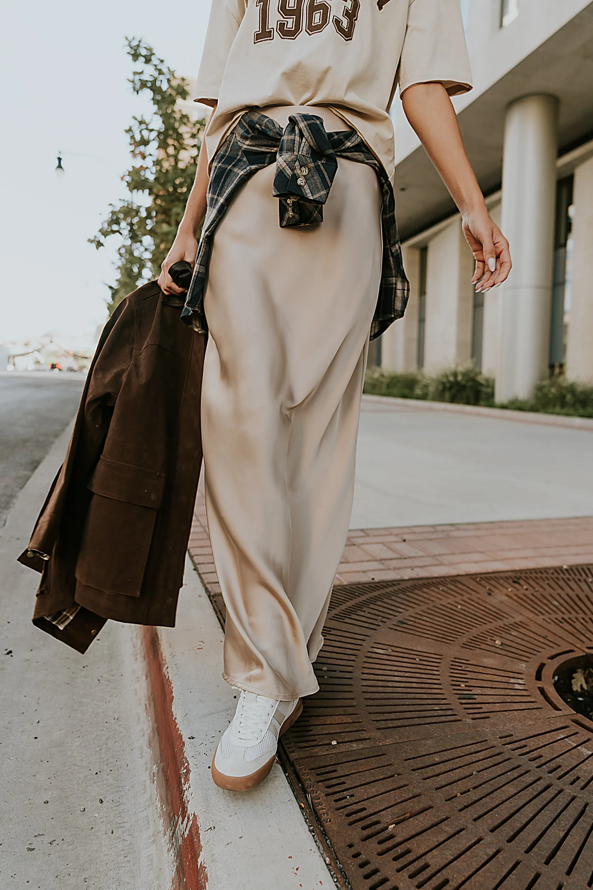 Robbin Satin Maxi Skirt in Tan sold by bohme