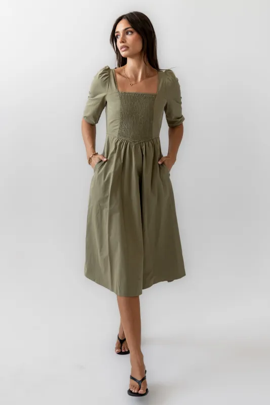 Paisley Smocked Midi Dress in Sage sold by bohme