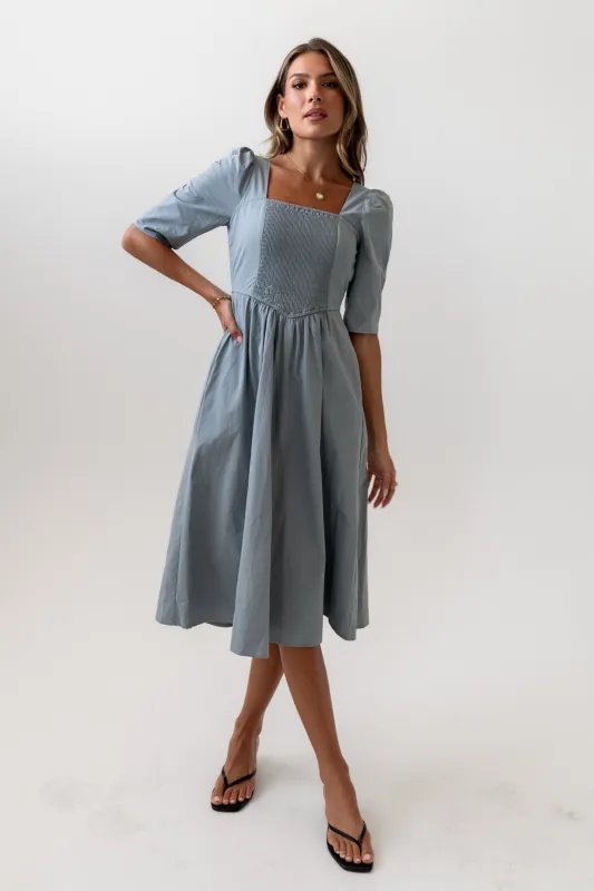 Paisley Smocked Midi Dress in Slate Blue sold by bohme