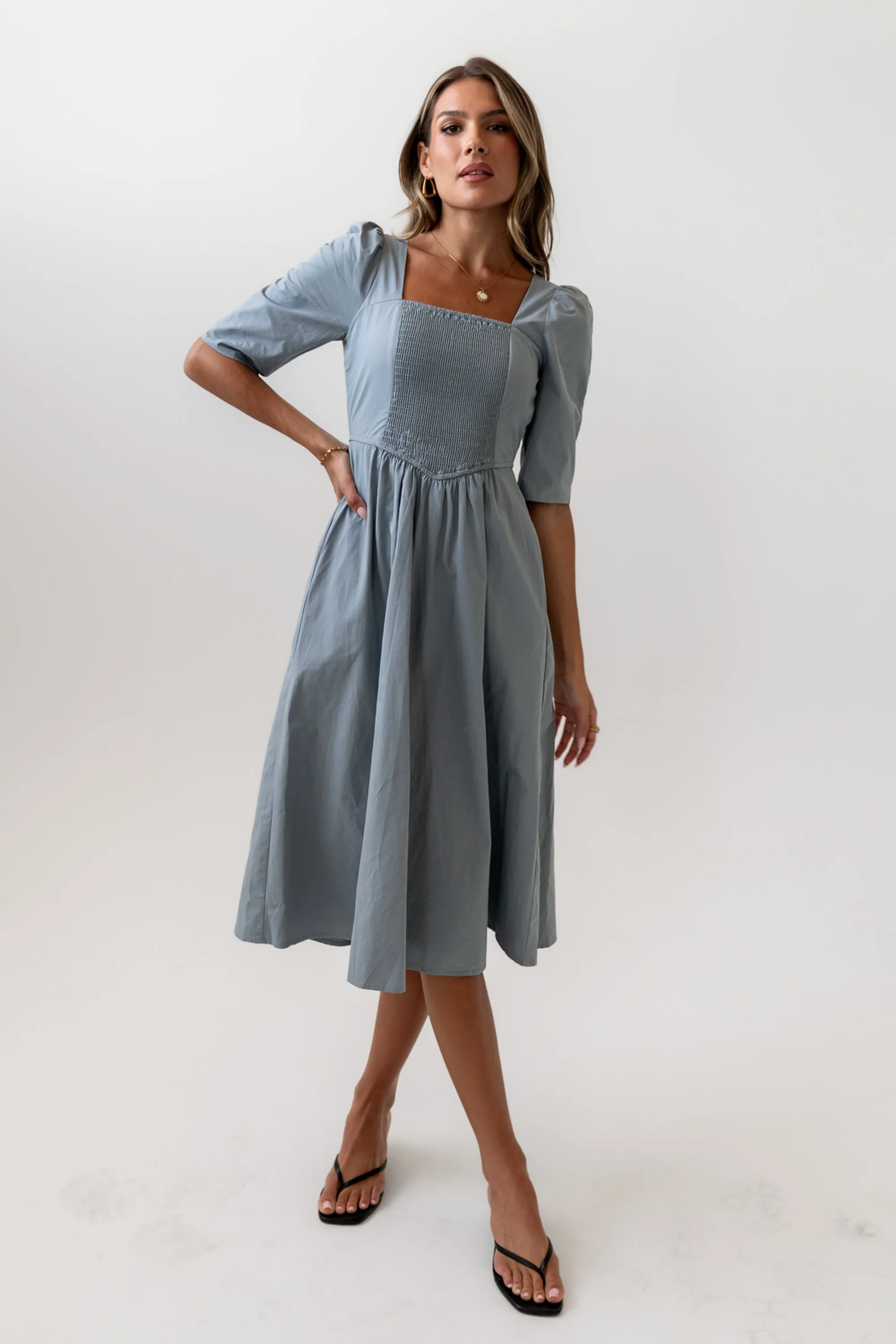 Paisley Smocked Midi Dress in Slate Blue - FINAL SALE sold by bohme