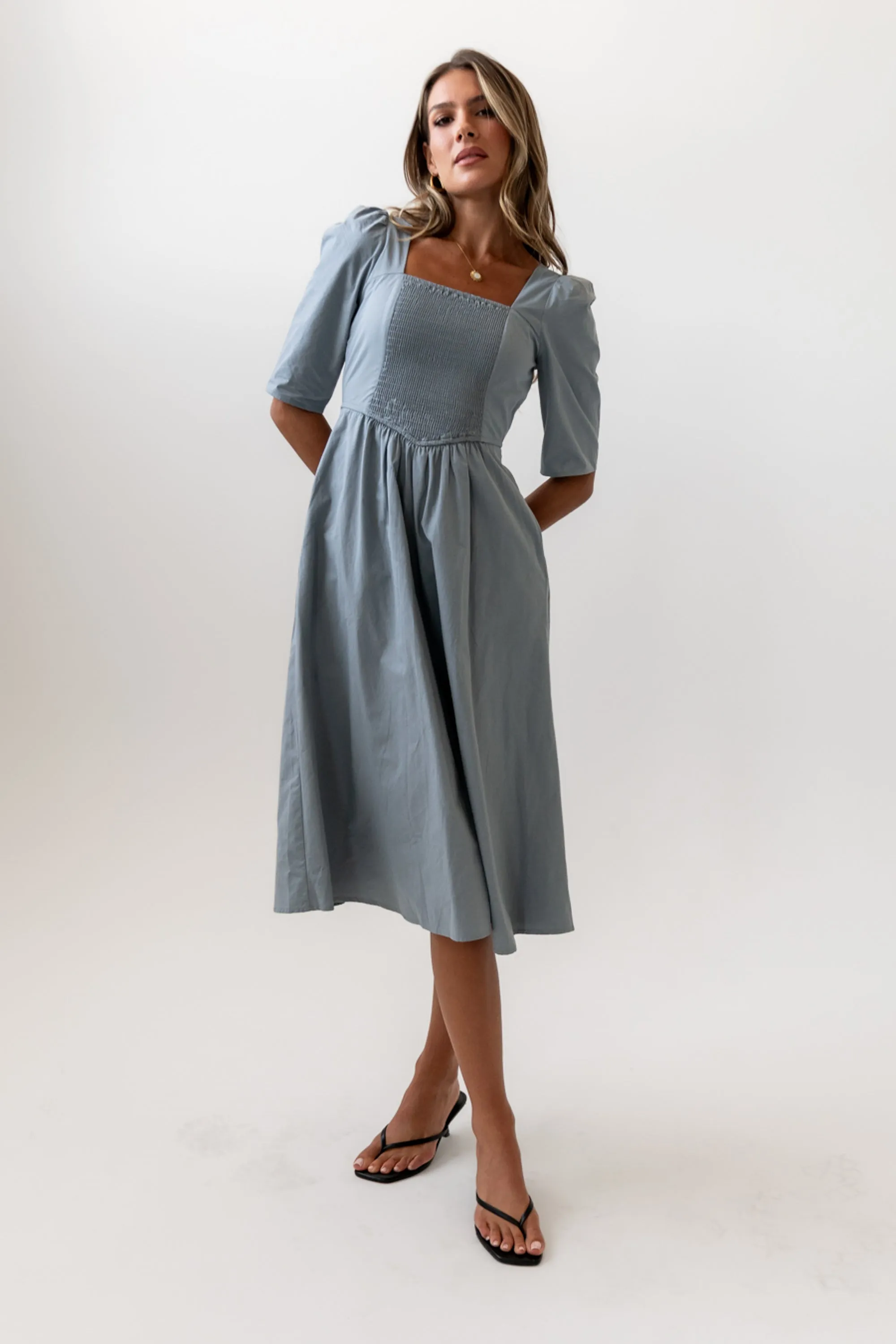 Paisley Smocked Midi Dress in Slate Blue - FINAL SALE sold by bohme product image thumbnail 3
