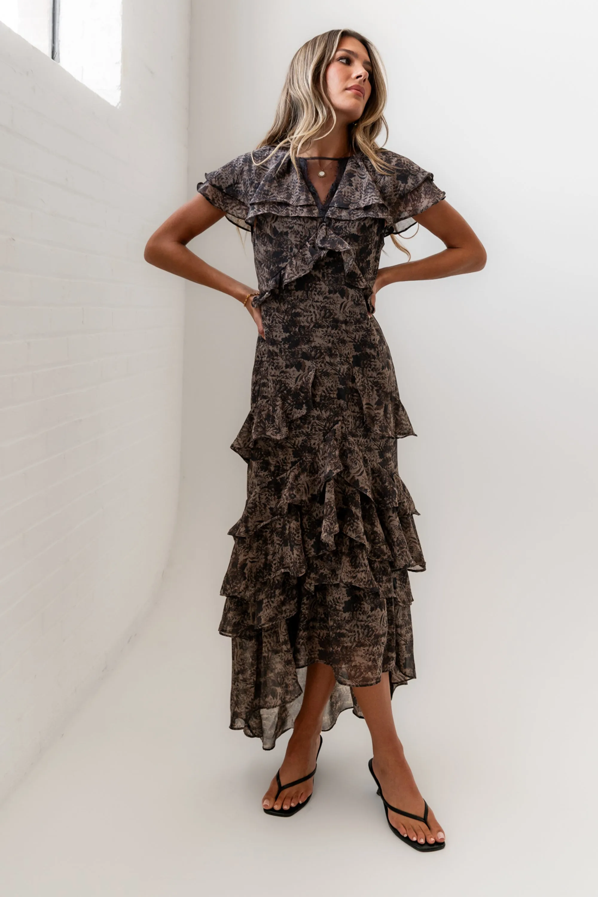 James Ruffle Maxi Dress in Grey sold by bohme