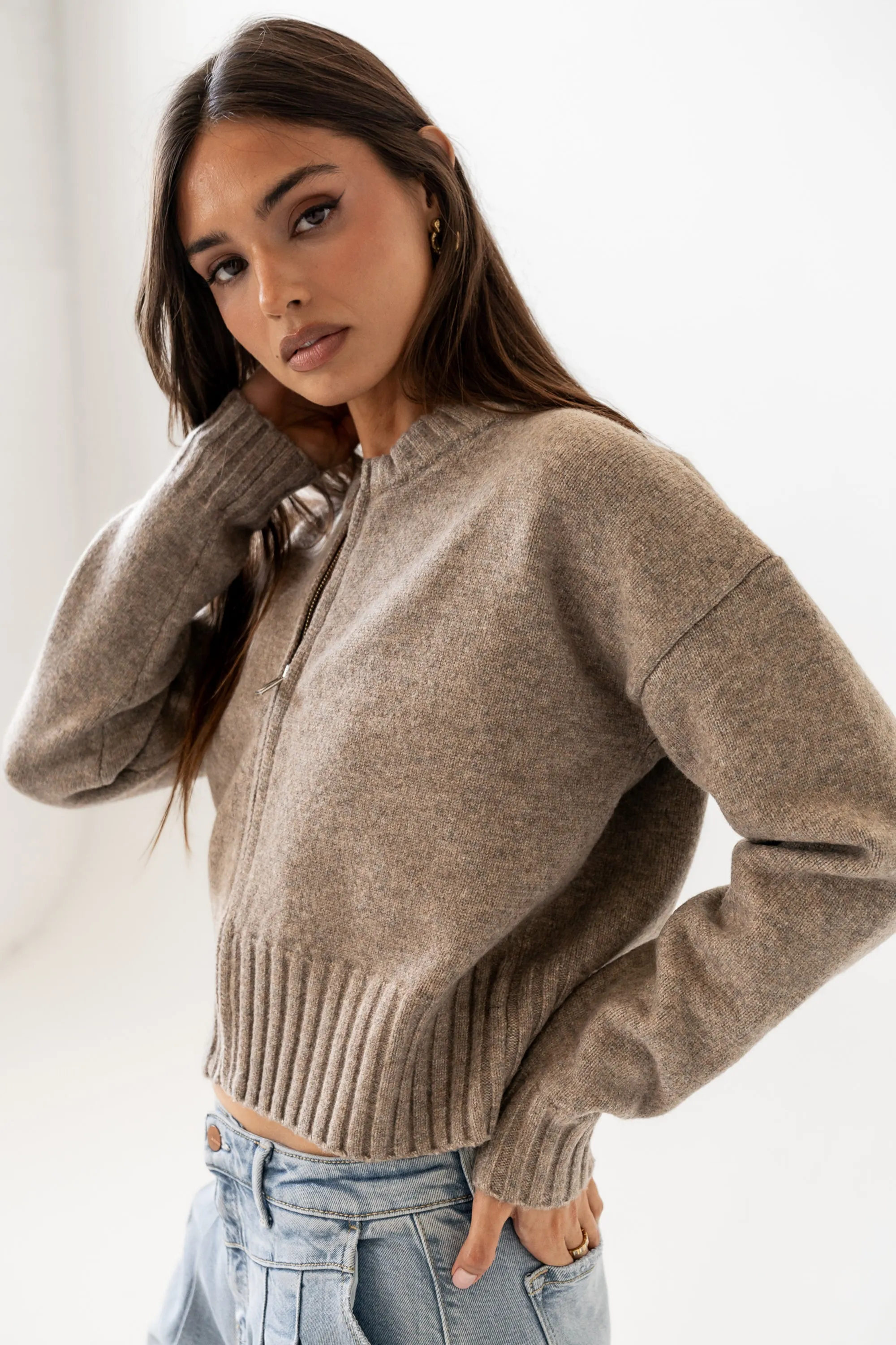 Kelly Knit Bomber Jacket in Taupe sold by bohme product image thumbnail 4