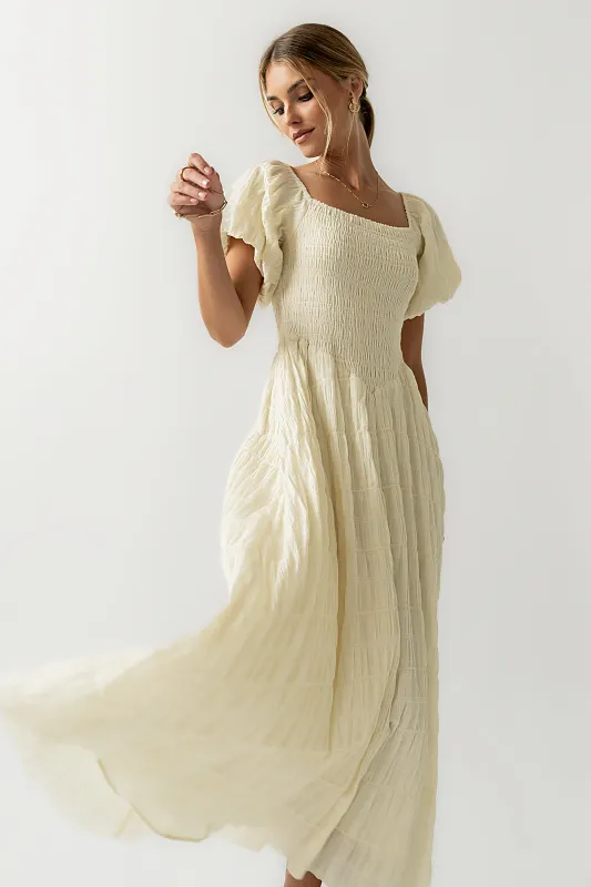 Beckie Smocked Maxi Dress in Off White sold by bohme