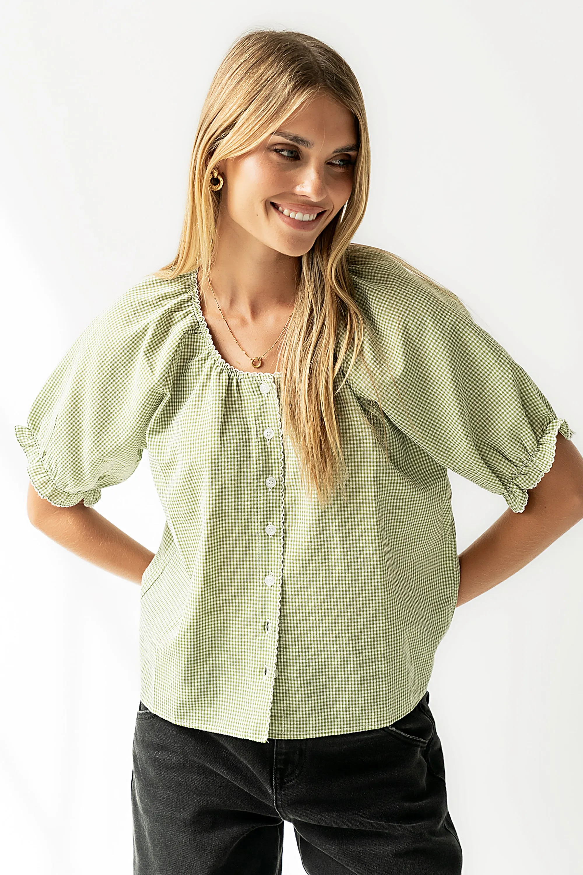 Benny Gingham Blouse in Green sold by bohme product image thumbnail 5