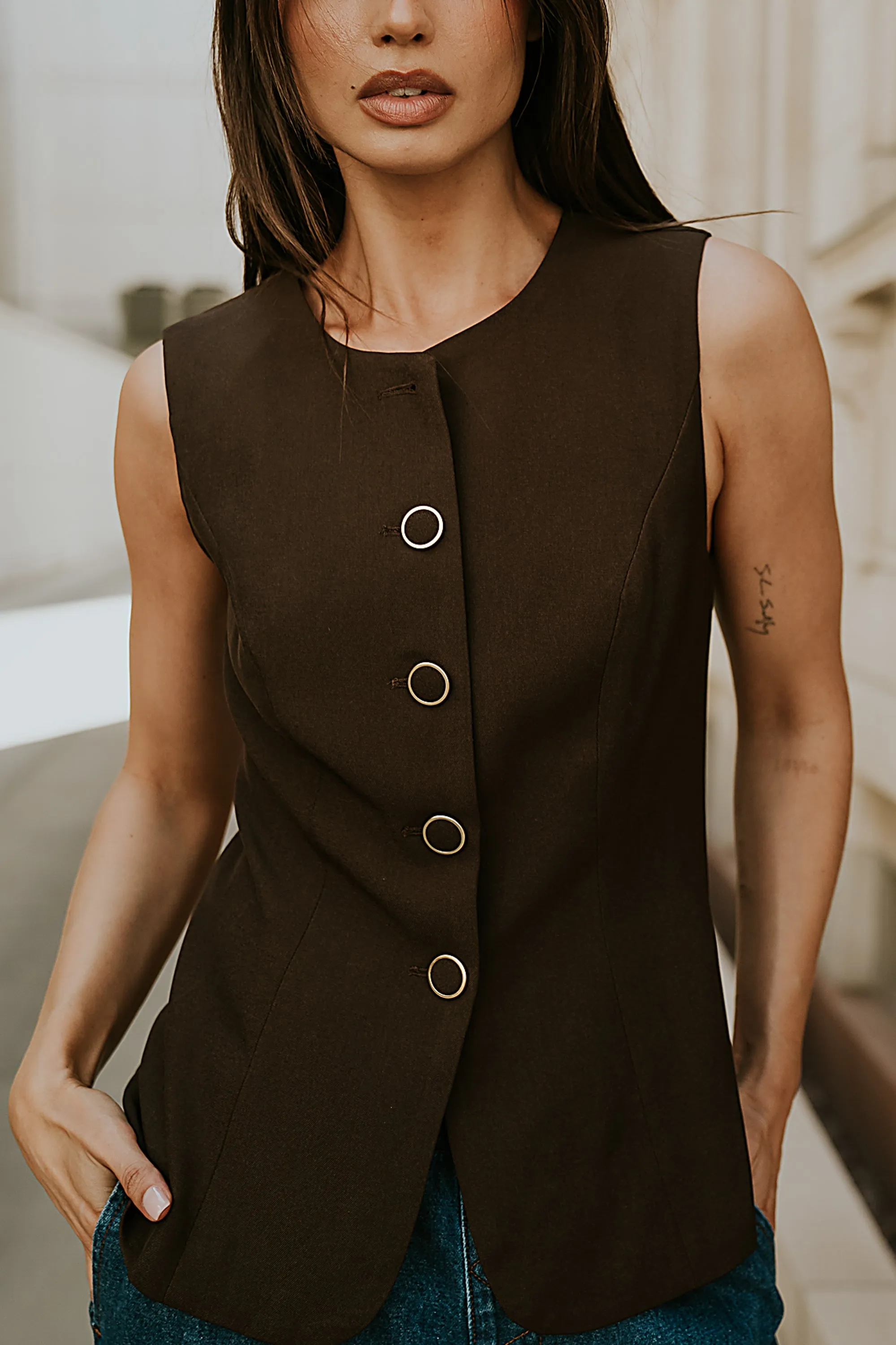Penny Button Up Vest in Black sold by bohme