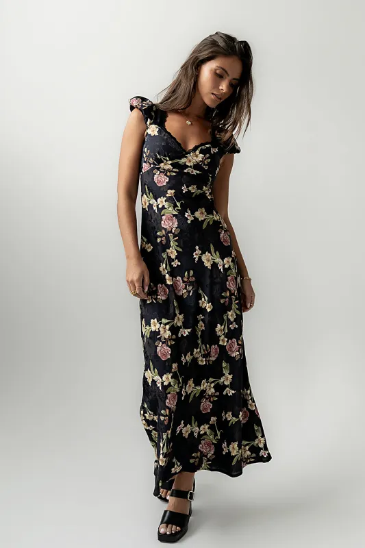 Asa Floral Maxi Dress in Black sold by bohme