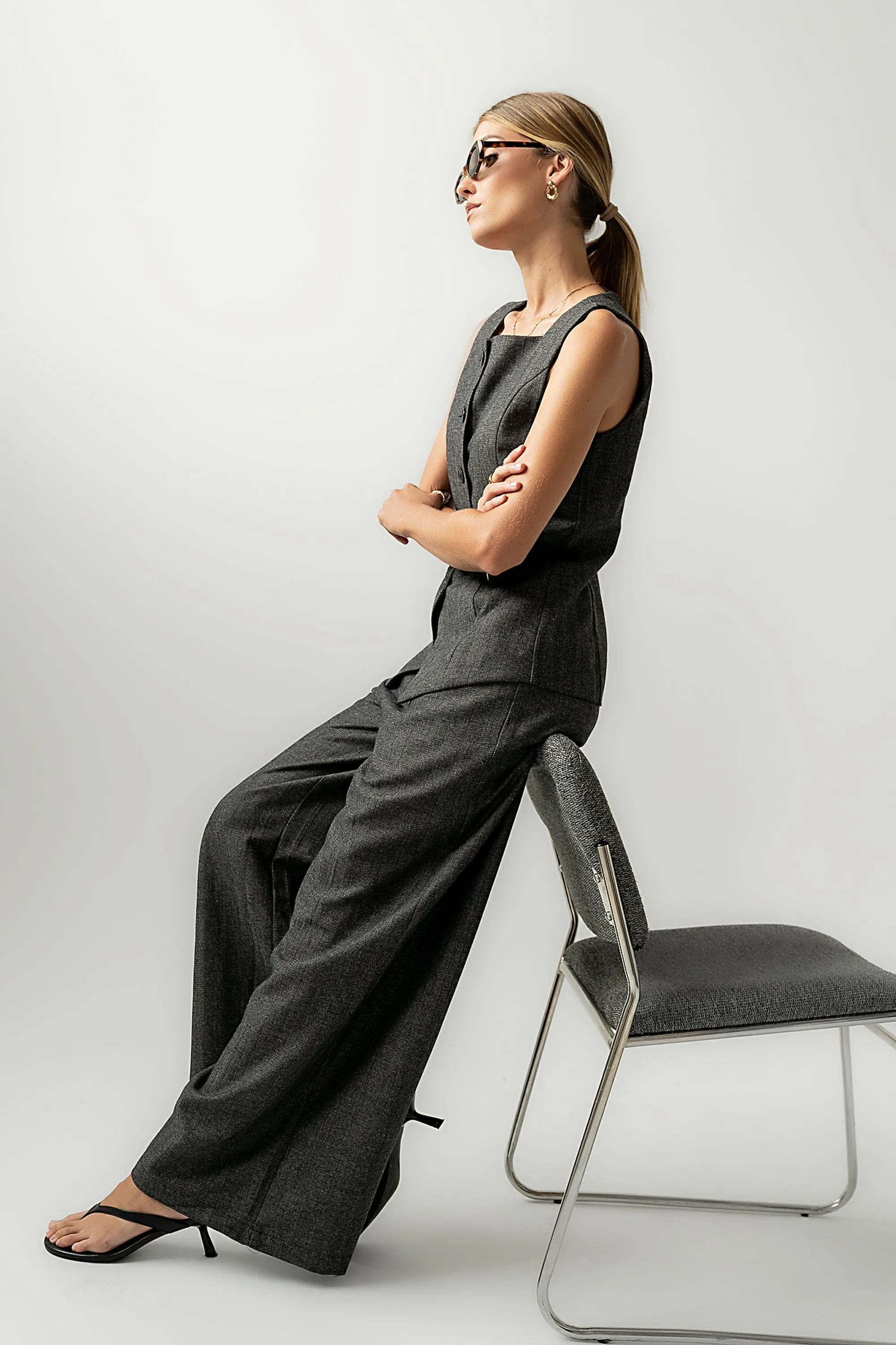 Arden Herringbone Wide Leg Trousers sold by bohme