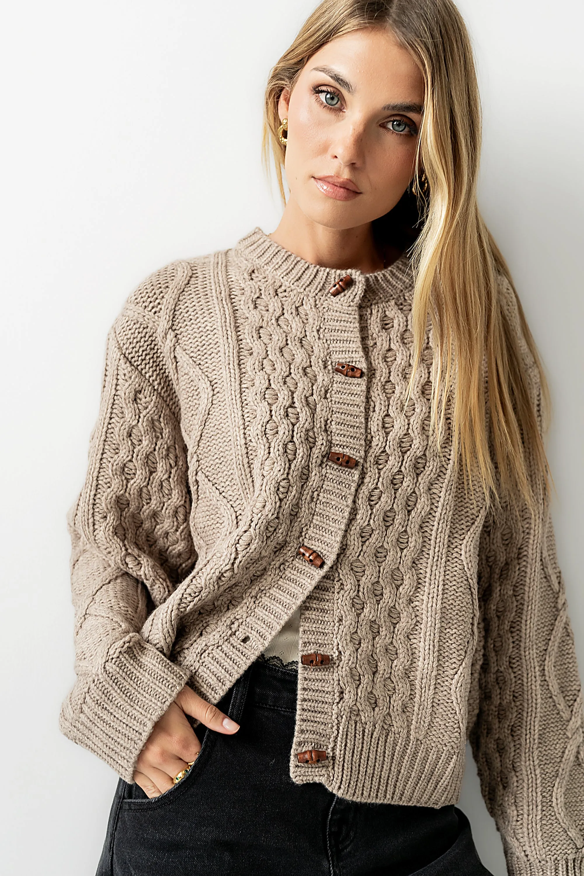 Noah Cable Knit Cardigan in Taupe - FINAL SALE sold by bohme product image thumbnail 3