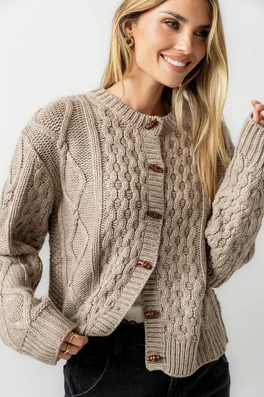 Noah Cable Knit Cardigan in Taupe sold by bohme