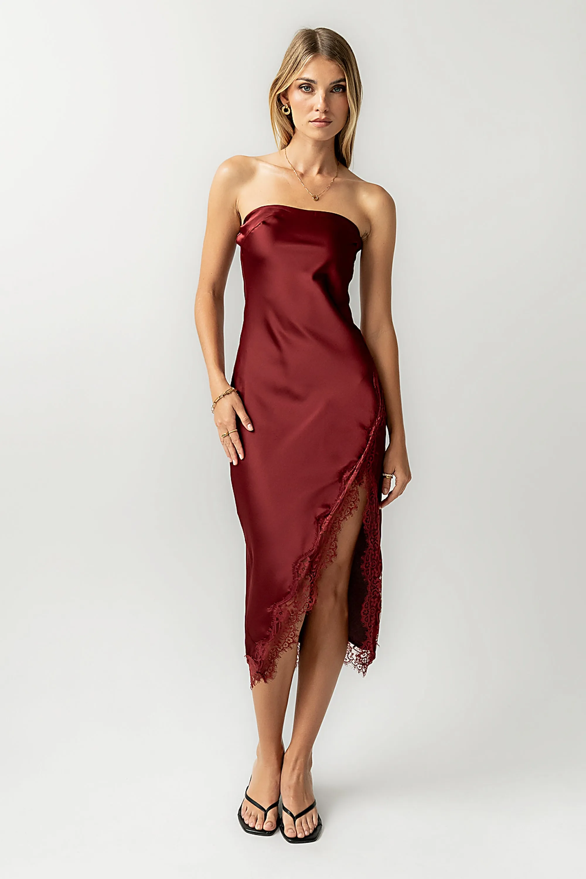 Goldie Lace Trim Midi Dress in Wine sold by bohme product image thumbnail 5