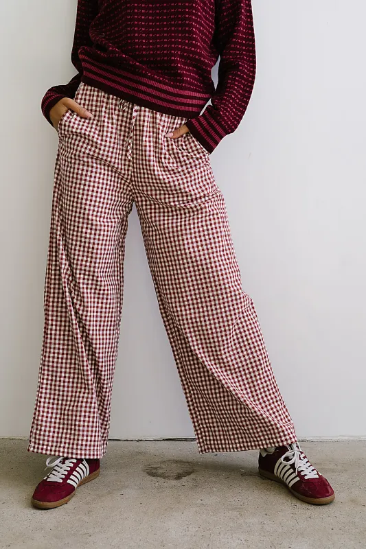 Ada Gingham Wide Leg Pants in Burgundy sold by bohme