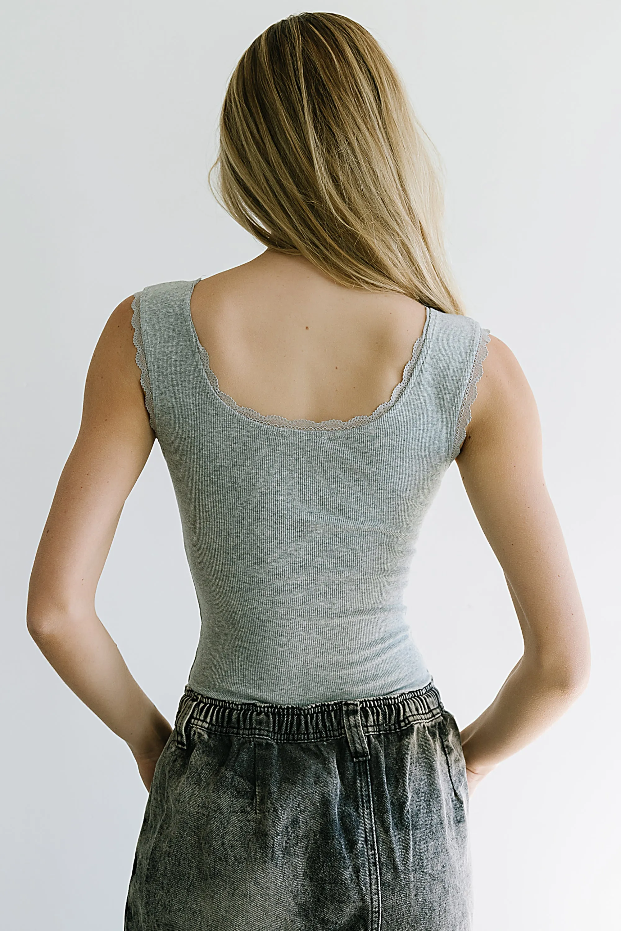 Sawyer Lace Trim Tank Top in Heather Grey sold by bohme product image thumbnail 2
