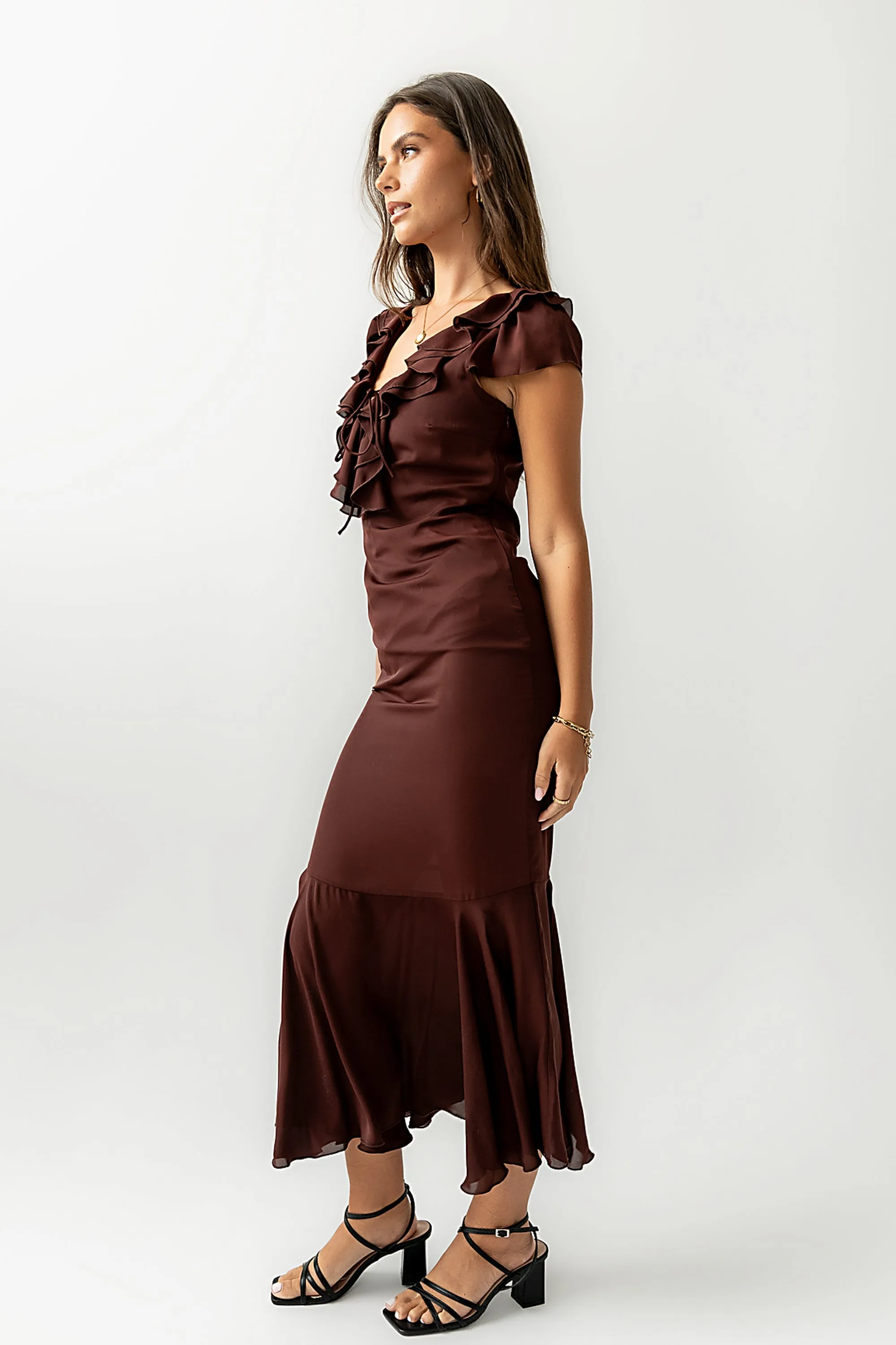Reese Ruffle Maxi Dress in Red-Brown sold by bohme product image thumbnail 5