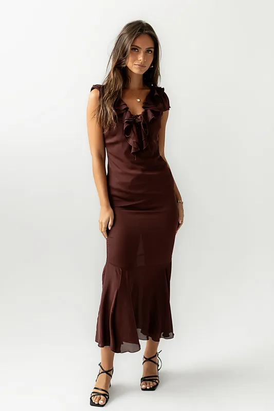 Reese Ruffle Maxi Dress in Red-Brown sold by bohme
