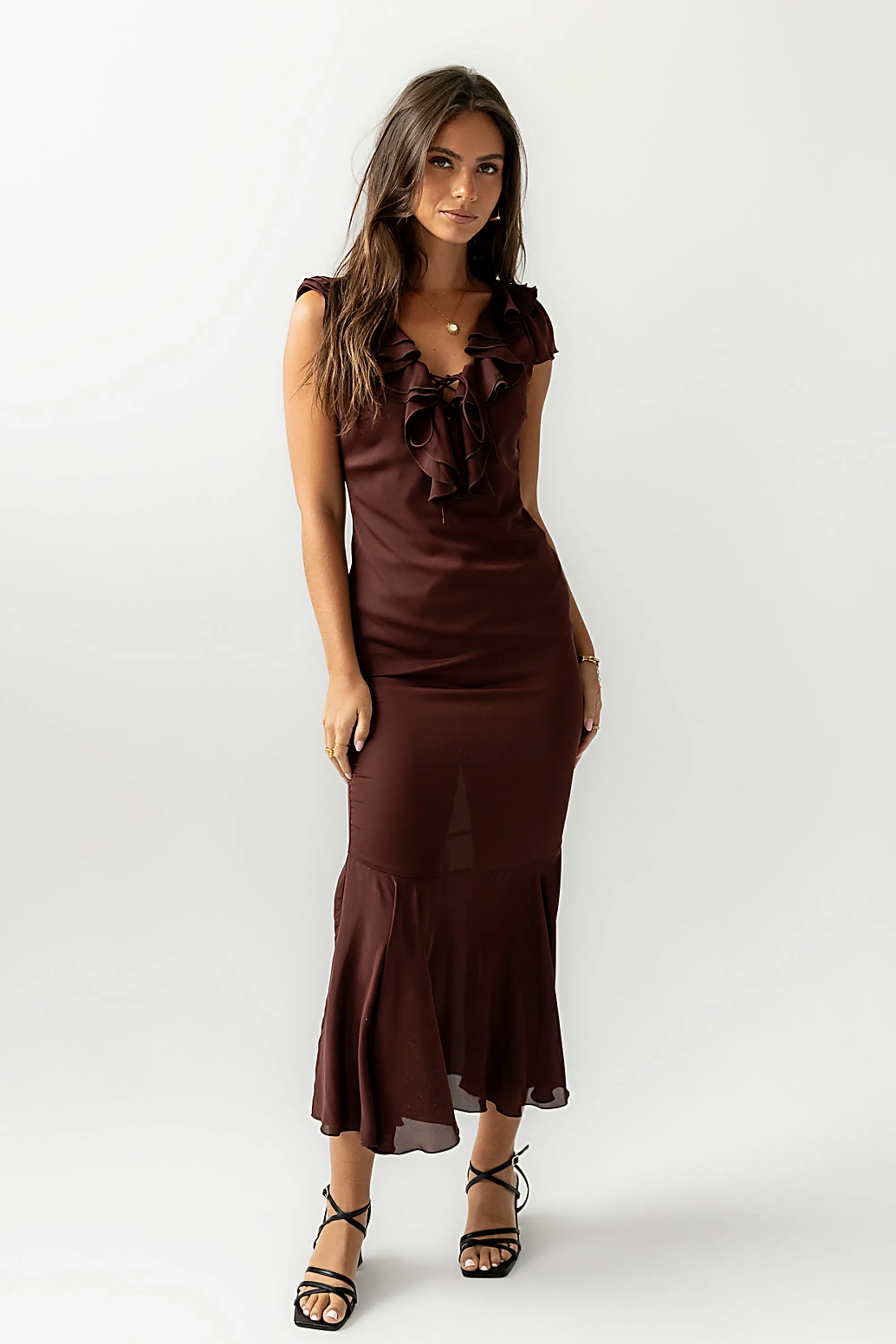Reese Ruffle Maxi Dress in Red-Brown sold by bohme