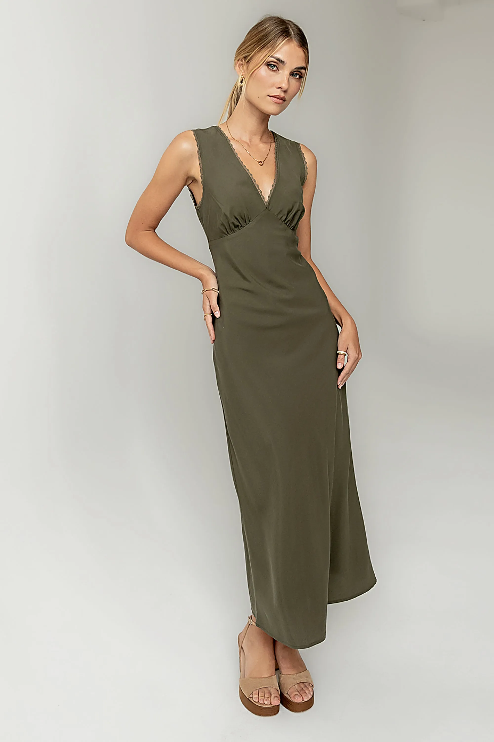 Hailey Lace Trim Maxi Dress in Olive sold by bohme