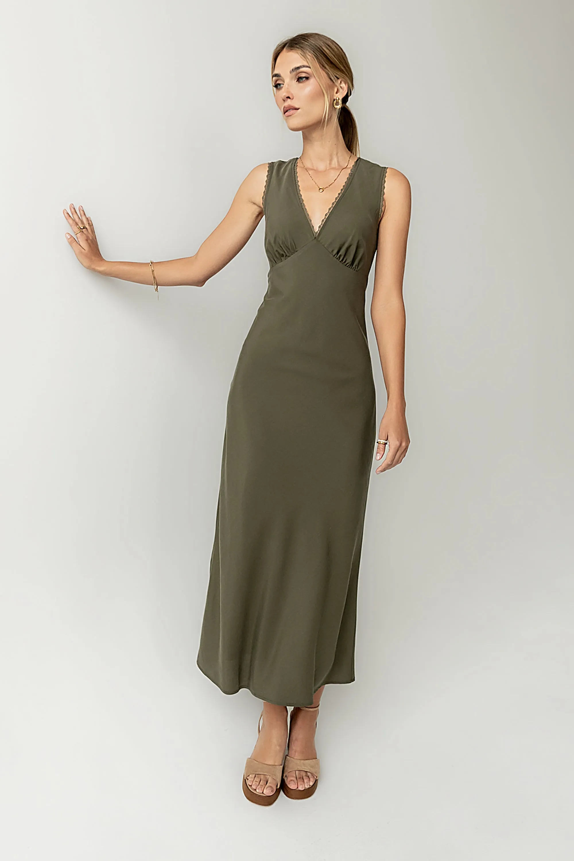 Hailey Lace Trim Maxi Dress in Olive sold by bohme product image thumbnail 4