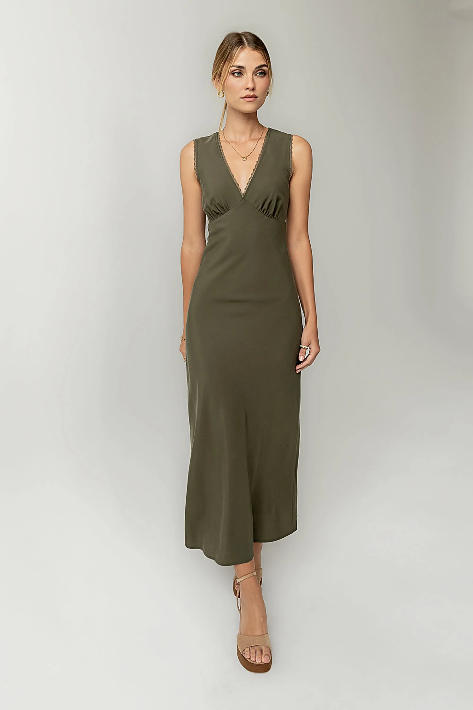 Hailey Lace Trim Maxi Dress in Olive sold by bohme product image thumbnail 2