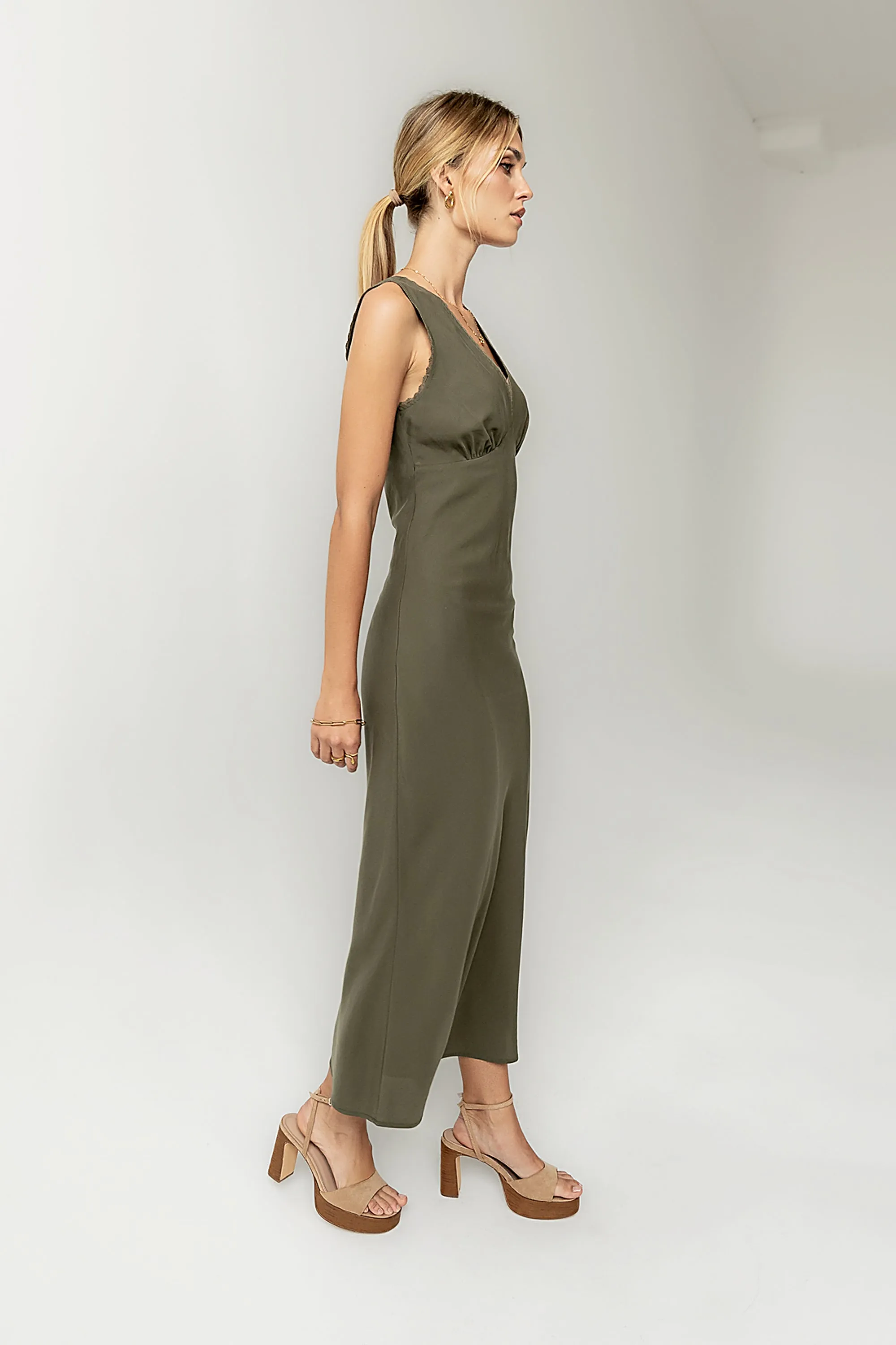 Hailey Lace Trim Maxi Dress in Olive sold by bohme product image thumbnail 3