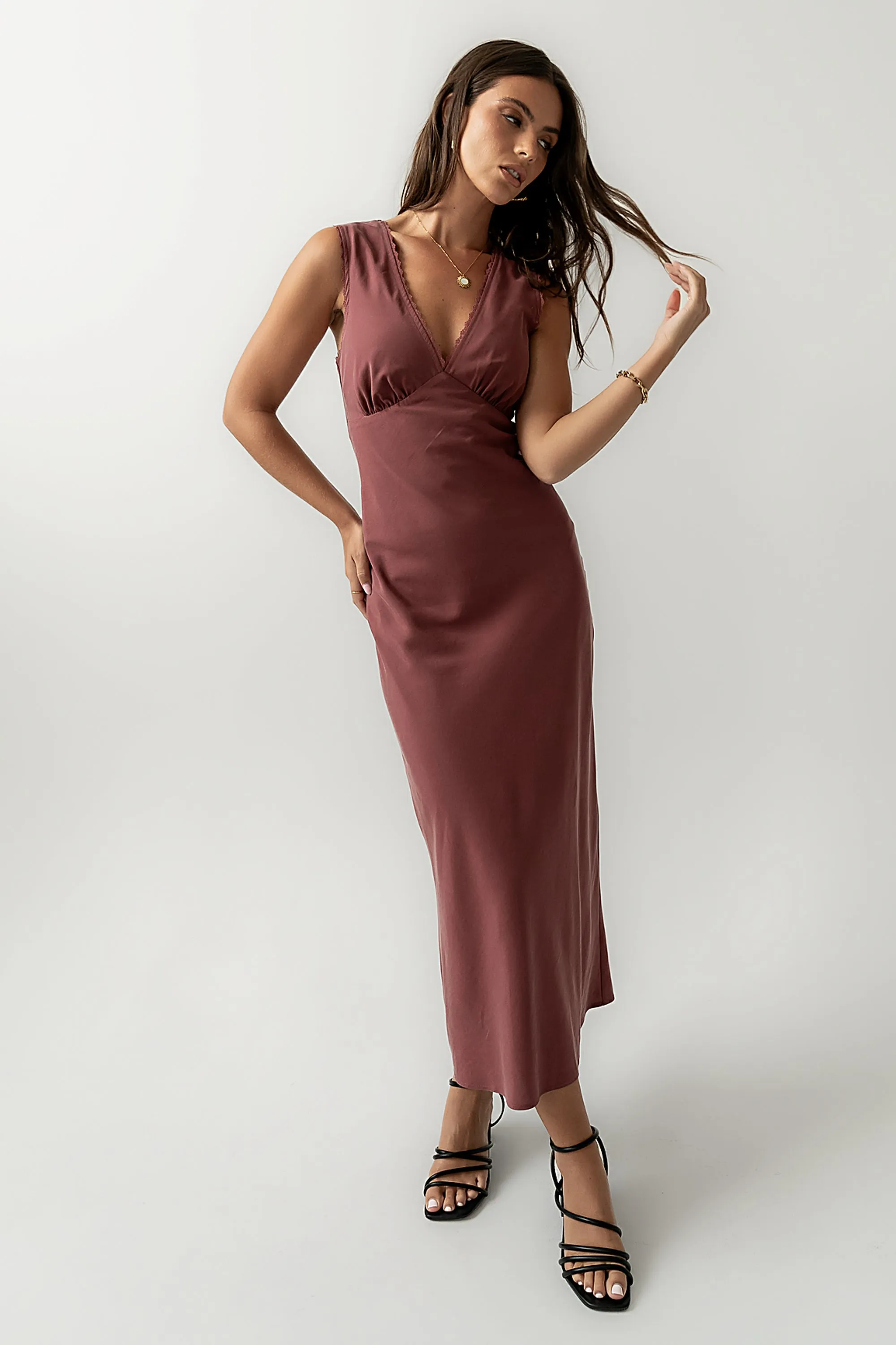 Hailey Lace Trim Maxi Dress in Marsala sold by bohme product image thumbnail 4