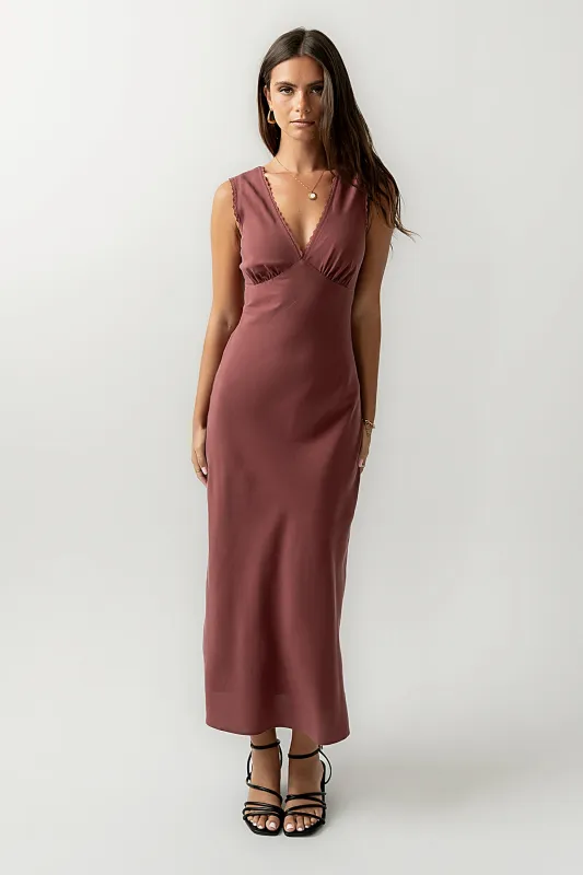 Hailey Lace Trim Maxi Dress in Marsala sold by bohme