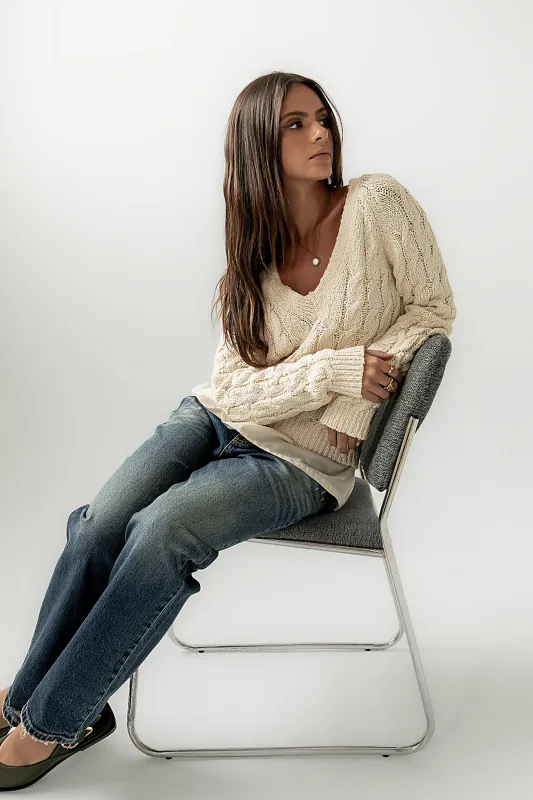 Zeke Cable Knit Sweater in Cream sold by bohme