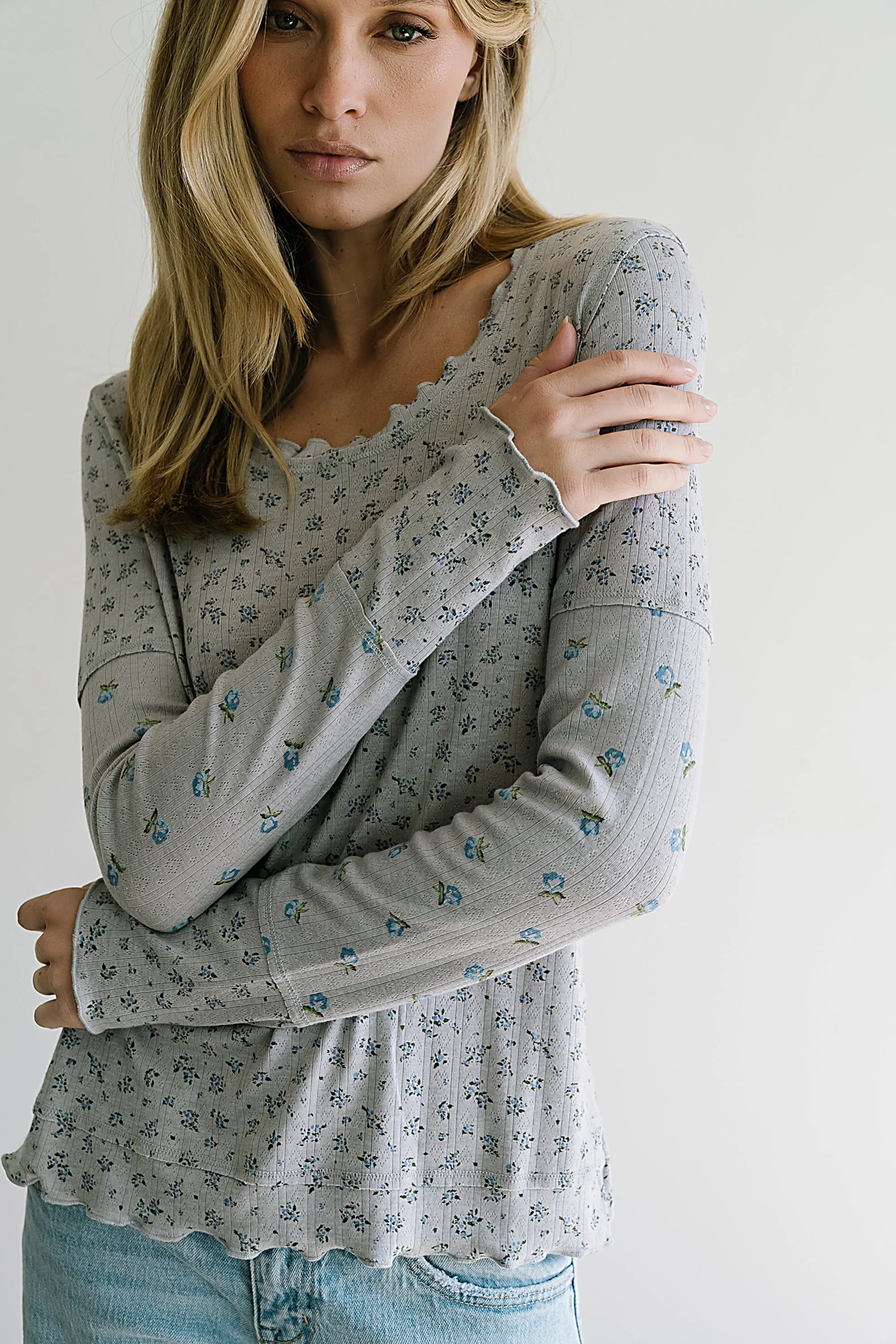 Mylo Floral Top in Heather Grey sold by bohme