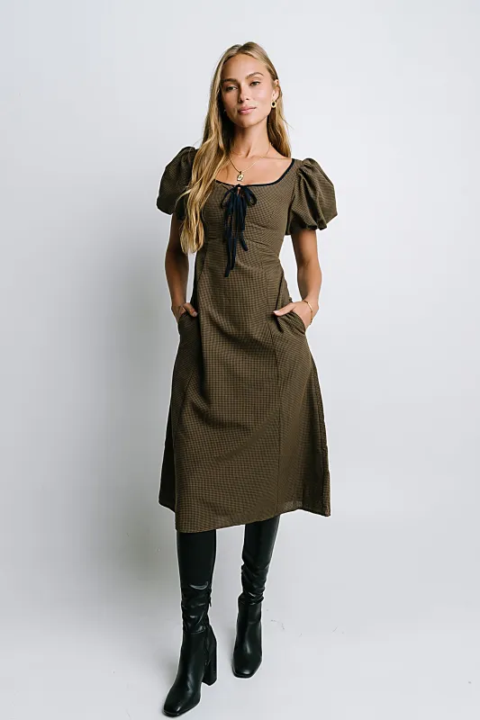 Elle Gingham Midi Dress in Brown sold by bohme