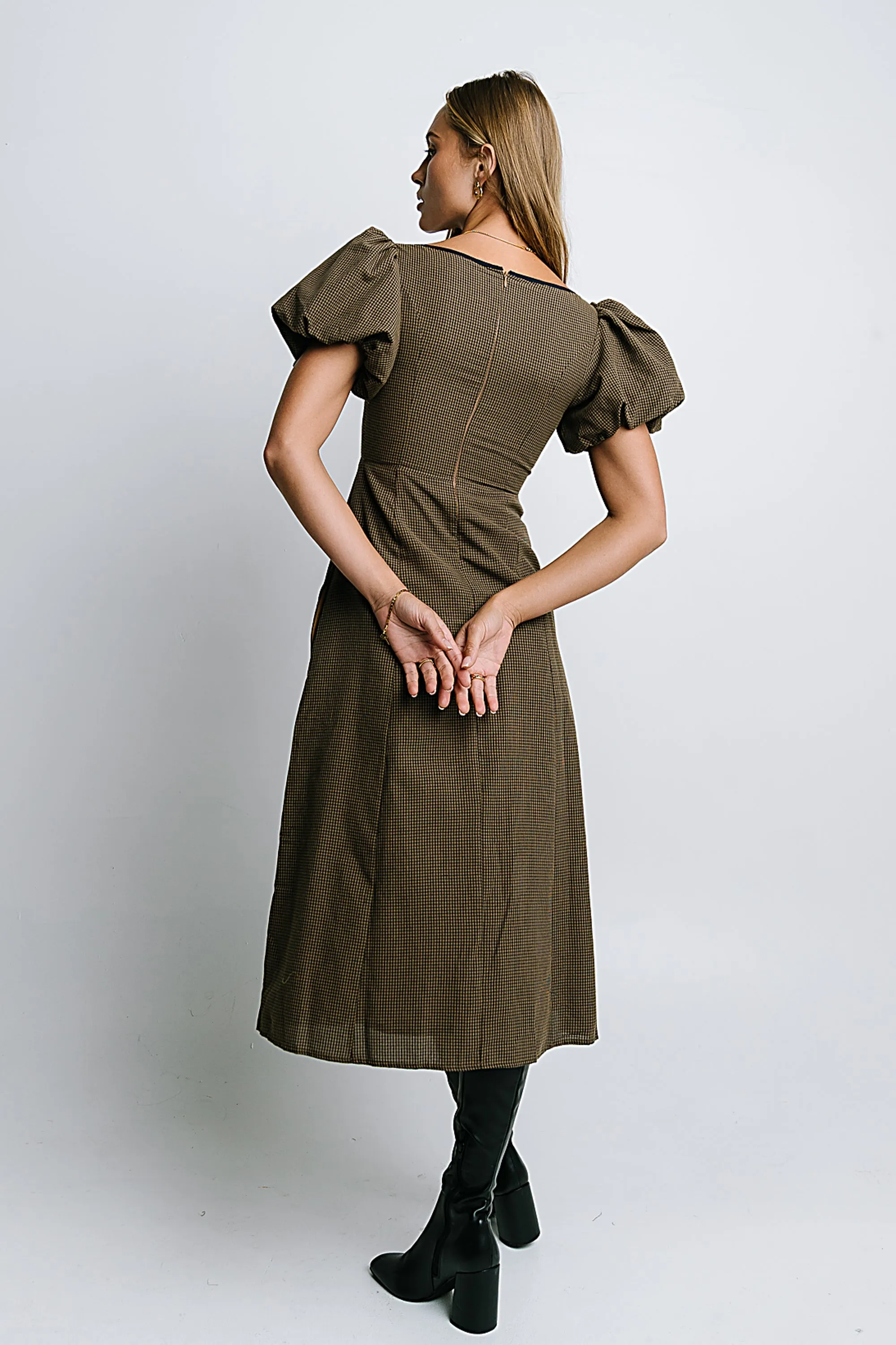 Elle Gingham Midi Dress in Brown sold by bohme product image thumbnail 3