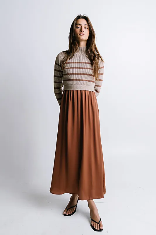 Zeda Midi Dress in Brown Stripe sold by bohme