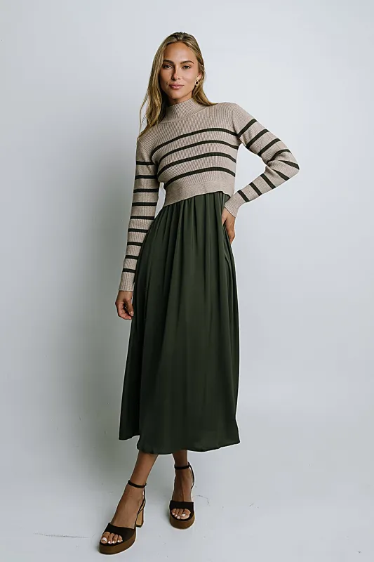 Zeda Midi Dress in Olive Stripe sold by bohme
