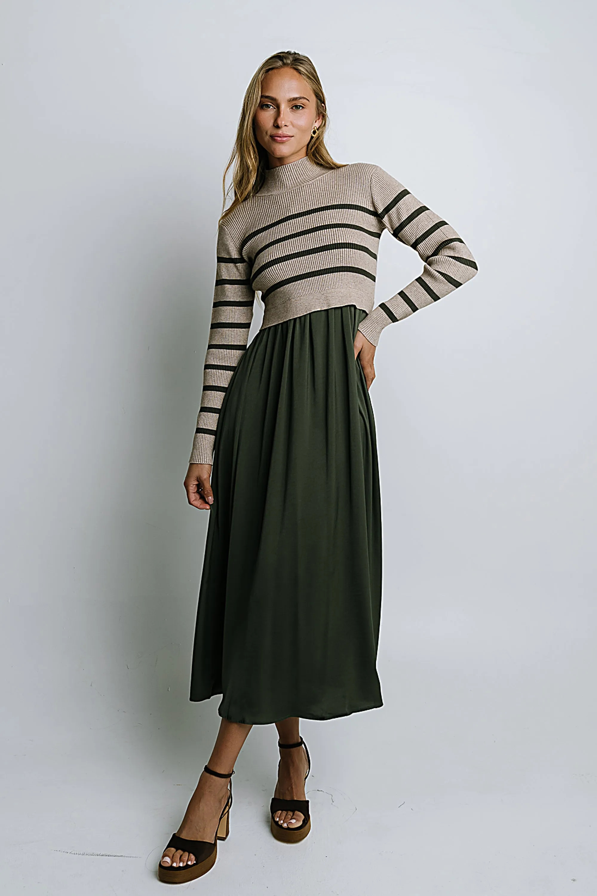 Zeda Midi Dress in Olive Stripe sold by bohme