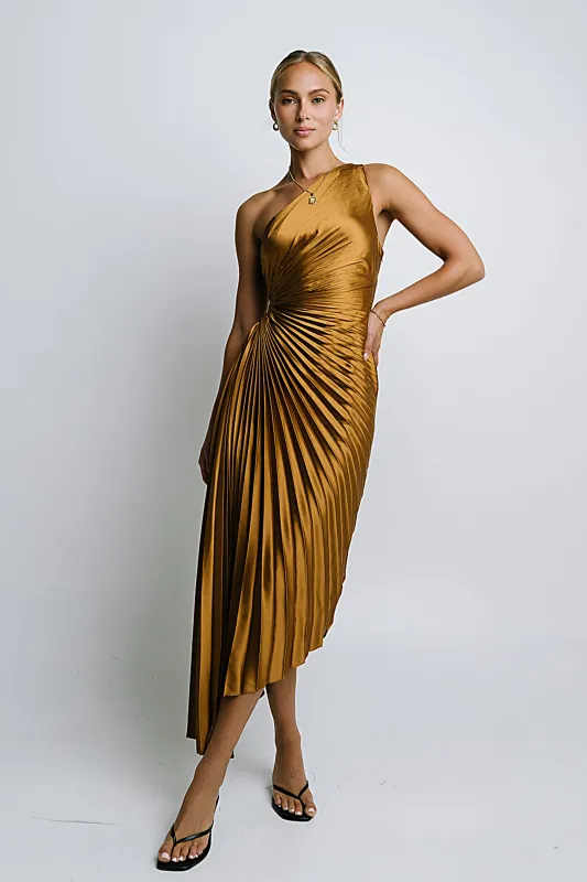 Asymmetrical Pleated Maxi Dress in Gold sold by bohme