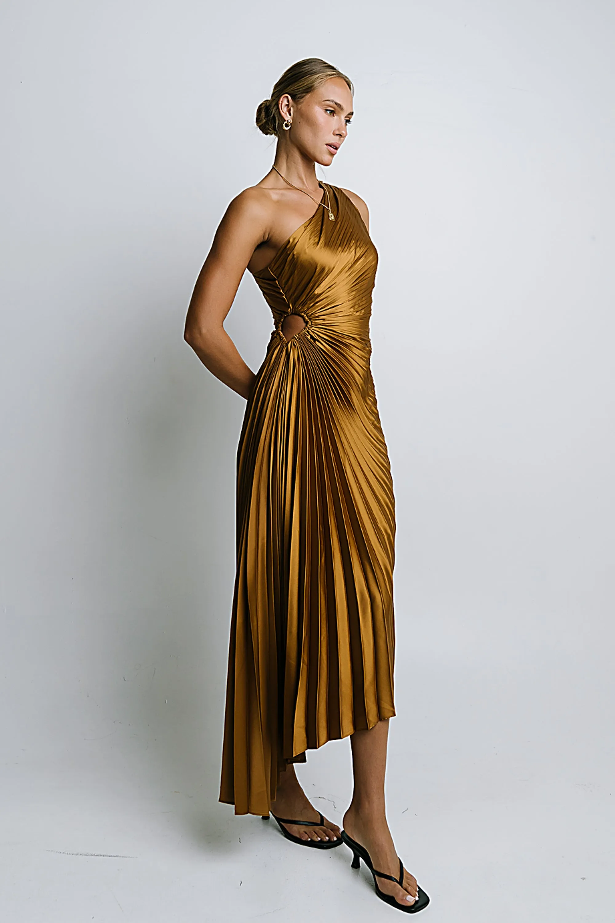 Asymmetrical Pleated Maxi Dress in Gold sold by bohme product image thumbnail 4